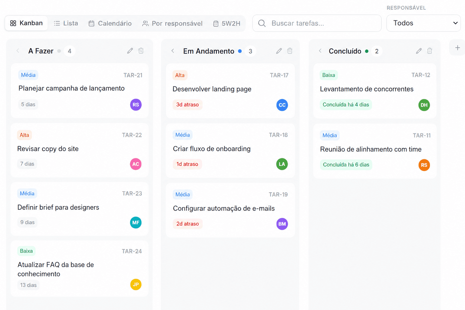 Quadro Kanban do Taskem com colunas A Fazer, Em Andamento e Concluído